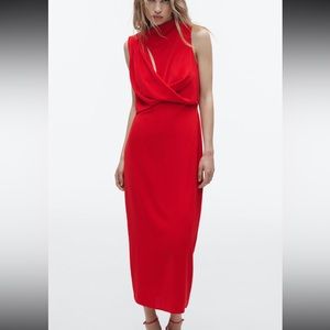 NWT ZARA DRAPED MIDI DRESS  RED - REF. 7969/041 XS